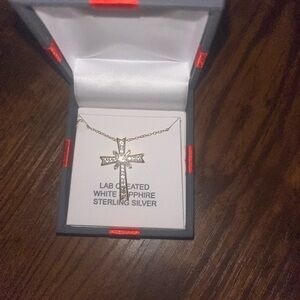 14k gold over Sterling Silver Cross Necklace with Lab-Created White Sapphire